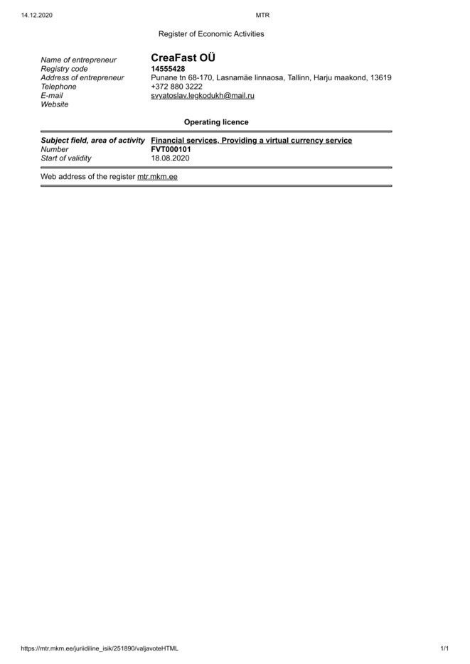 Operating license screenshot